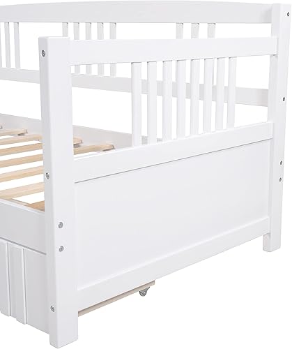 Miniatura 8 de Flieks Sofá cama de madera de tamaño individual con dos cajones de almacenamiento y soporte de 10 listones de madera (blanco)