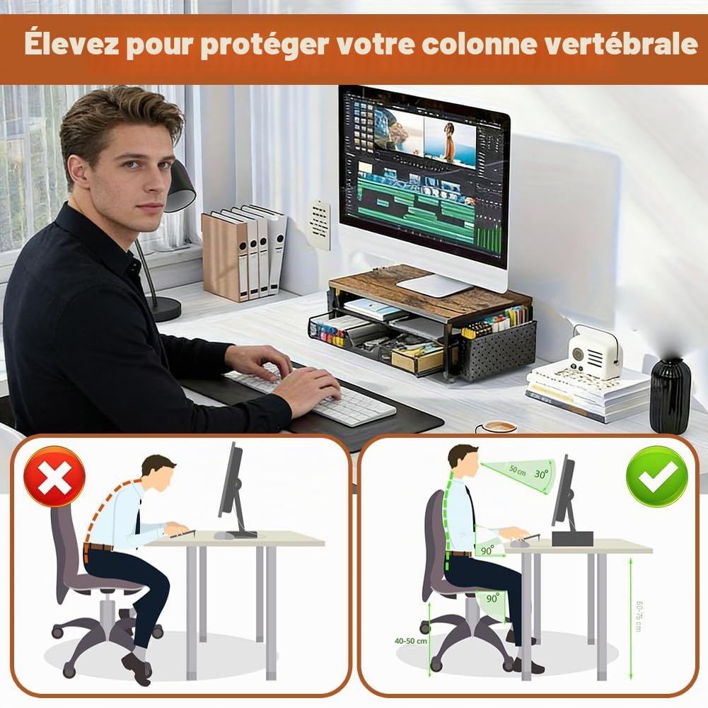 Organiseur de bureau, support de moniteur avec tiroir et 2 porte-stylos, rehausseur de moniteur pour écran et ordinateur portable, organisateur de bureau pour accessoires de bureau