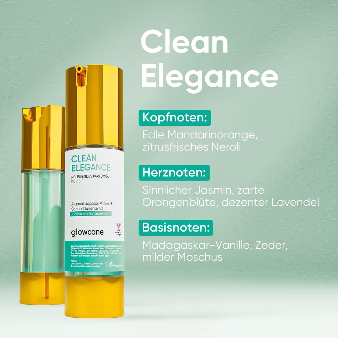 Glowcane Clean Elegance Parfüm Öl Damen 100% alkoholfrei Pflegender Ölkomplex