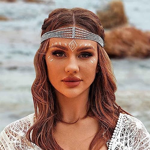 STONEFANS Rhinestone Layered Headpiece Silver Bridal Elastic Headbands Glitter Stretch Hair Accessories Jewelry for Women and Girls