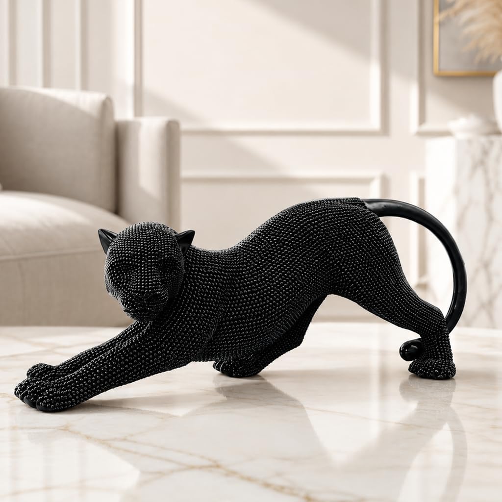 Shlinuo 15 inch Panther Leopard Statue Handcrafted Silver Cheetah Statue Home Decor Intricate Beaded Design for Living Room, Office, or Gift - Elegant and Unique Decorative Sculpture（Black）