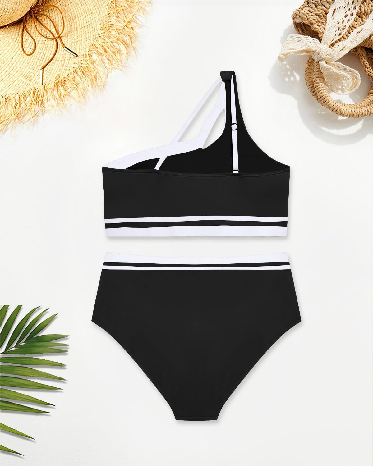 Aqua Eve Women Plus Size High Waisted Bikini One Shoulder Two Piece Swimsuit Color Block Bathing Suits Black White 16W