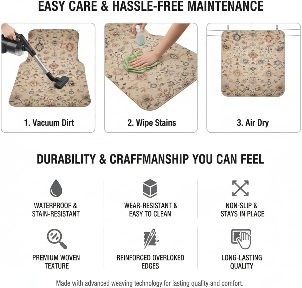 Vintage Boho Car Floor Mats-Non-Slip Rubber Backing,Front (26.8x17.3in) & Rear (13x17.3in) Set-Water Absorbing, Durable Automotive Floor Liners with Stylish Patterns