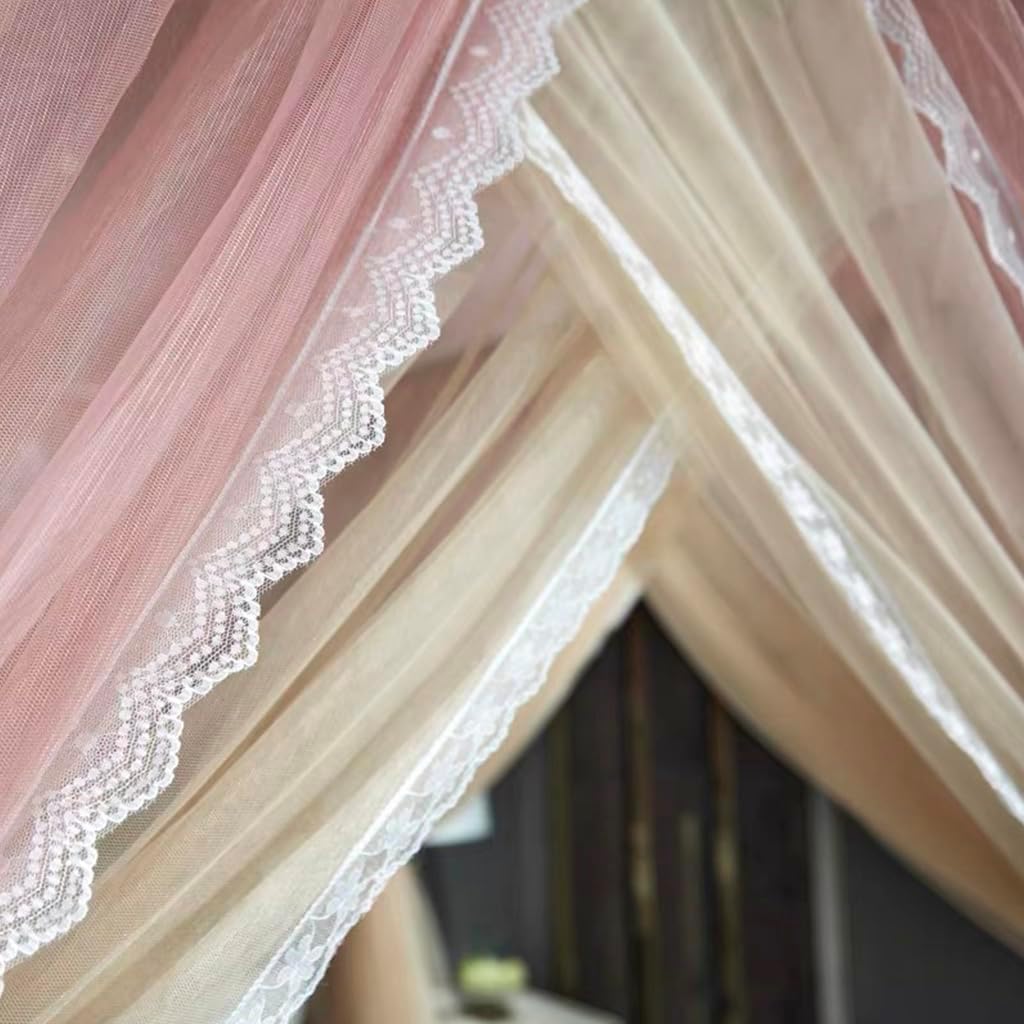 4 Corners Post Princess Mosquito Net Curtains Bed Canopy for Girls Curtain- Double Layer Sheer Mesh Canopies Drapes Girls Room Decor (Pale Mauve, King)