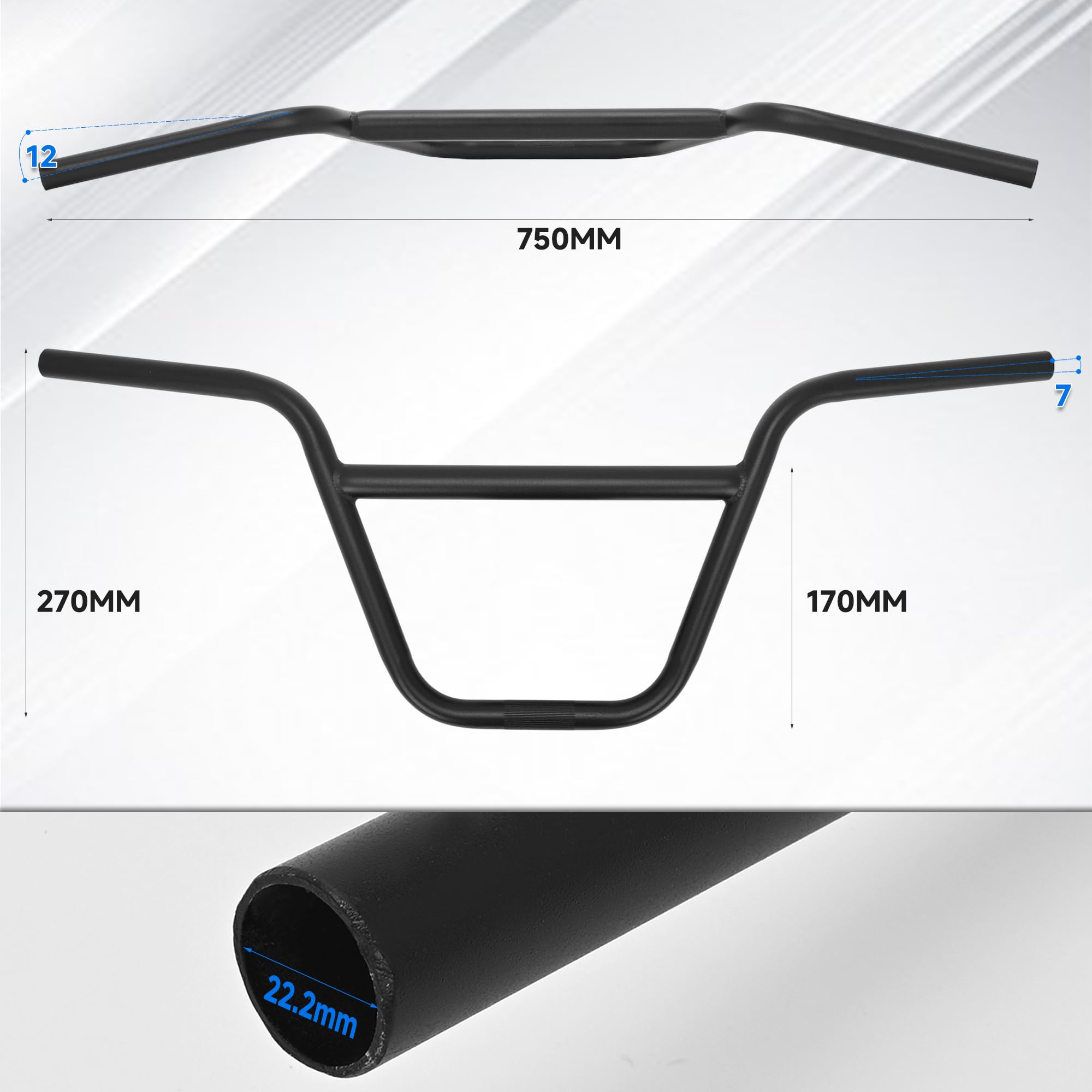 Tcatec BMX ハンドルバー 22.2mm クロスバー付き ステムセット 幅750mm 高さ270mm 黒色 鉄製 小輪車・マウンテンバイク・改造車用 自転車ハンドル 街乗り用 磨砂仕上げ