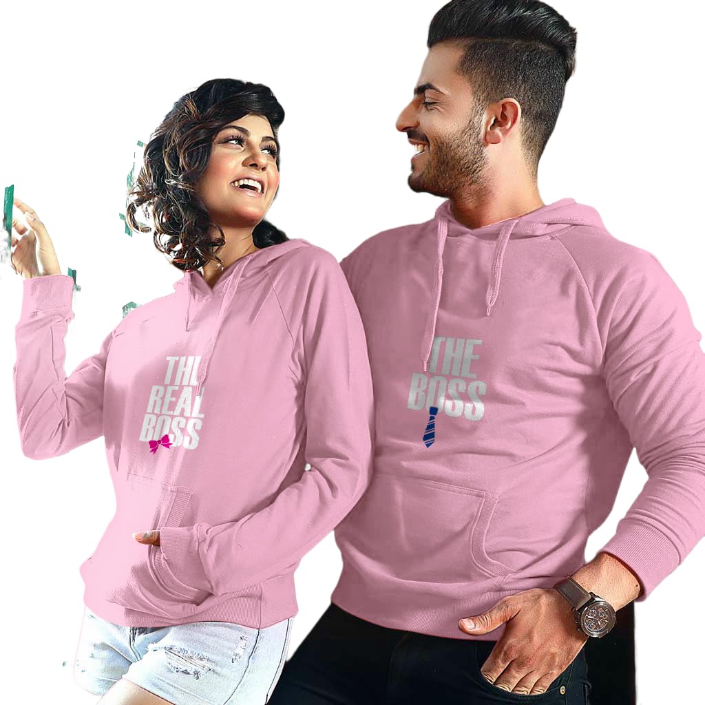 SATPURUSH Men's & Women's Casual The Boss & The Real Boss Printed Full Sleeve Hoodie, Warm Pullover Monkey Cap, Hooded Neck, Regular Fit, Hoodies for Couple- Pack 2