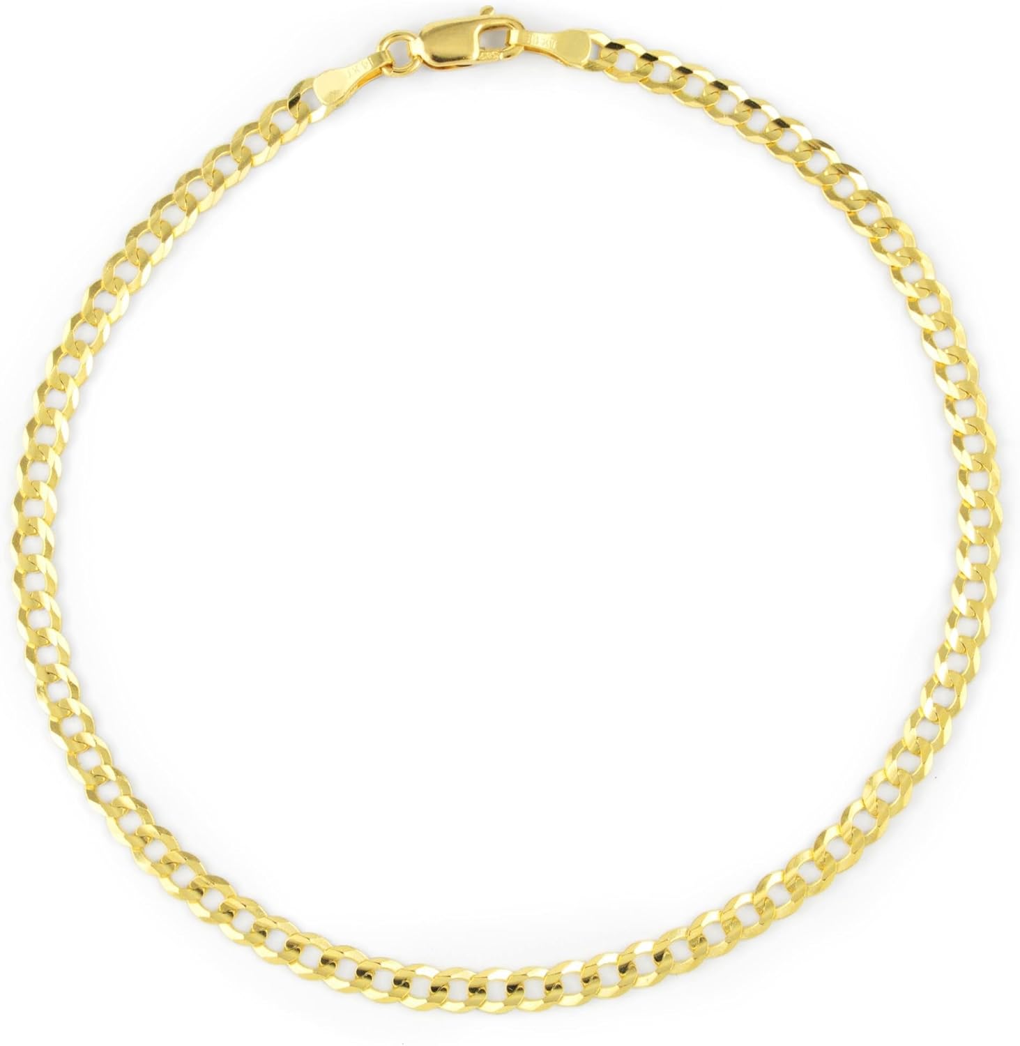 Nuragold 14k Real Yellow Gold Solid Cuban Curb Link 3mm Chain Bracelet or Anklet (7"-9") Italian Jewelry for Men & Women