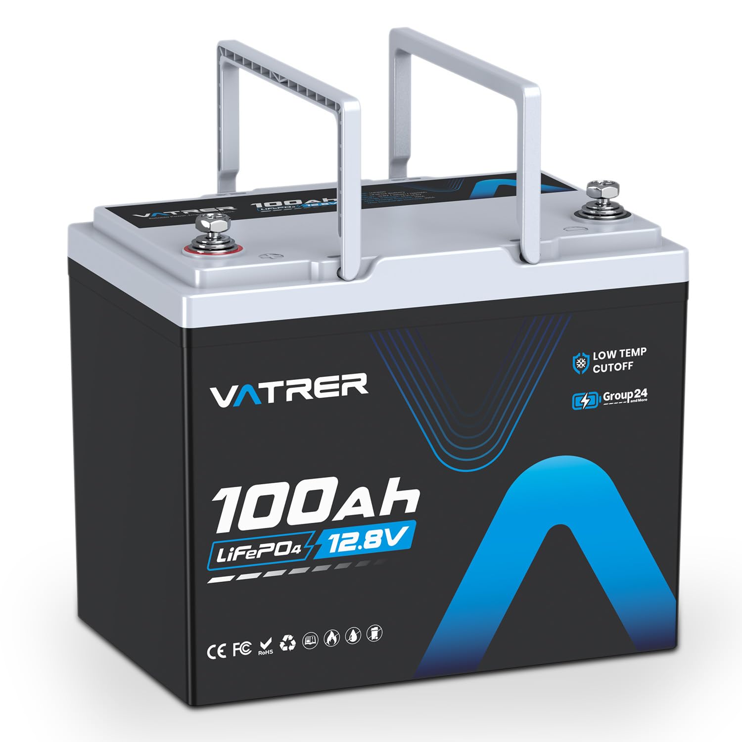 12V 100AH Group 24 Low Temp Cutoff LiFePO4 Deep Cycle Battery with 1280W, Built-in 100A BMS, 5000+ Cycles Rechargeable Lithium Battery, Perfect for RV/Camper, Marine, Solar, and Off-Grid Applications
