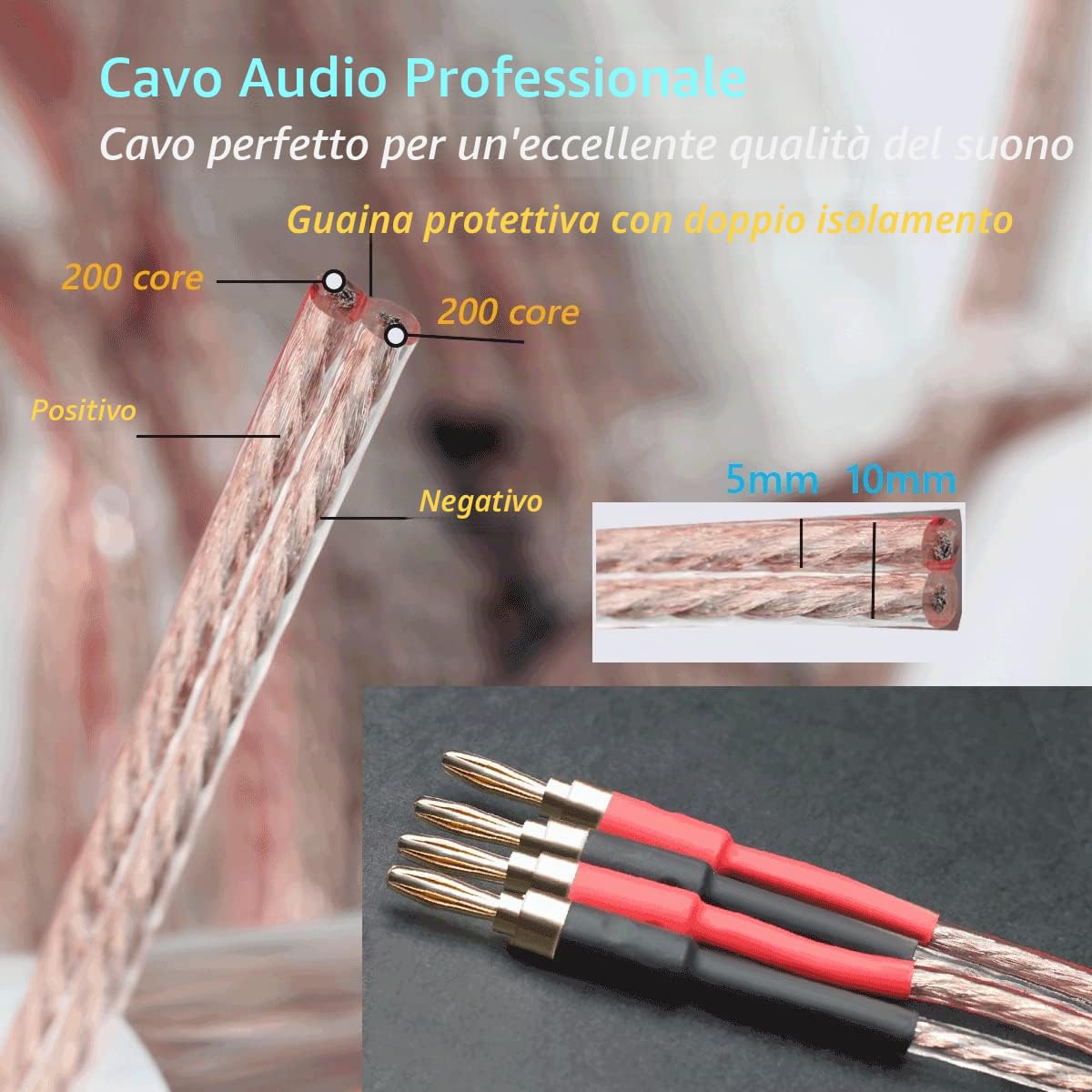 Confezione da 2 cavi audio per altoparlanti HiFi da 13 AWG con connettore a banana, lunghezza 4 m, con connettori a banana placcati in oro maschio a maschio, cavo audio (4 m)