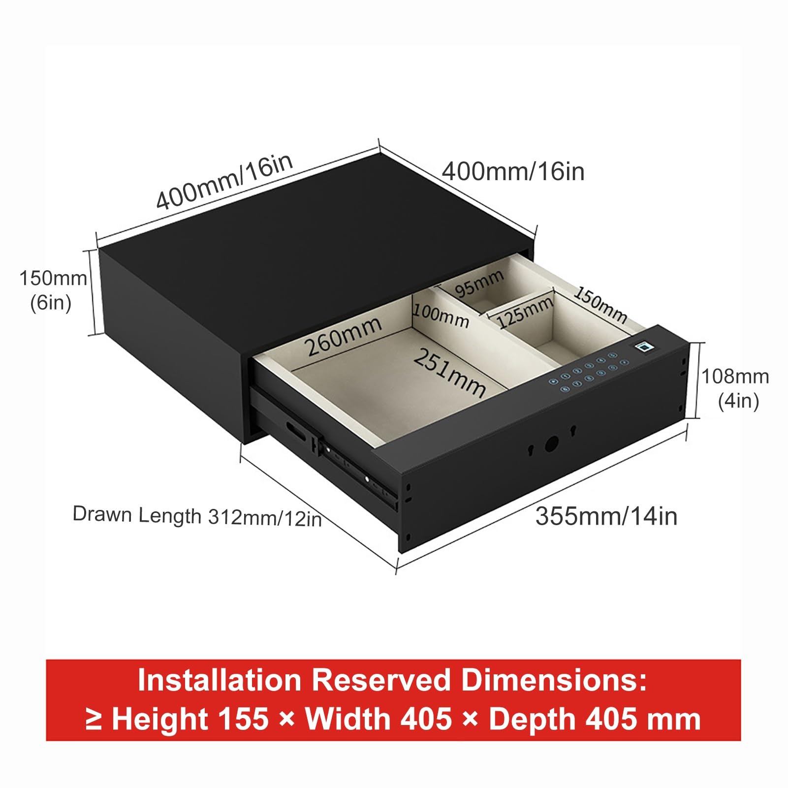 Caja Fuerte Camufladas Caja Fuerte con Cajón Cofre Empotrable Pequeña Caja Caudales con Codigo Safe con 3 Maneras de Abrirla(400mm/16in)