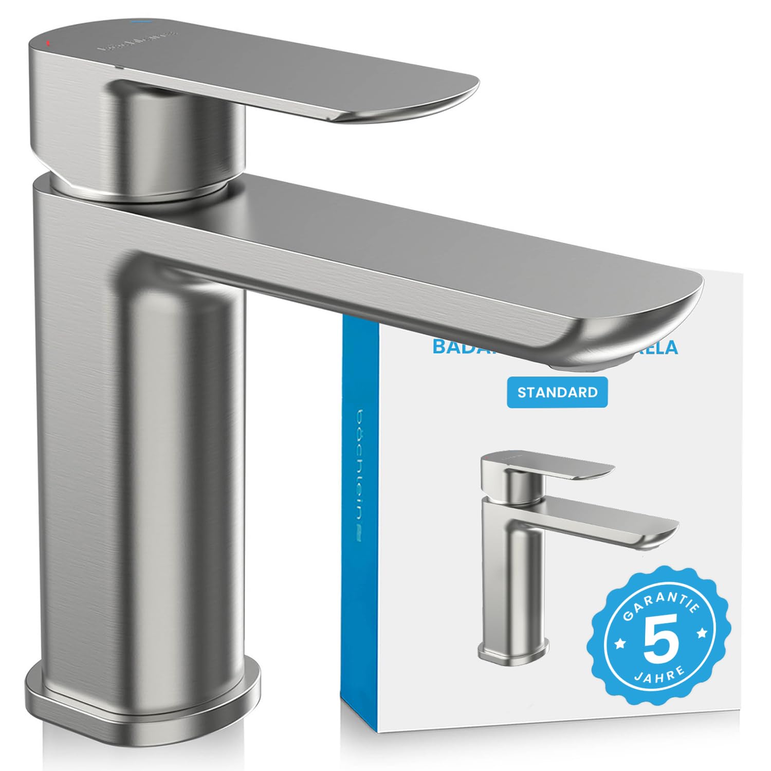 Bächlein Badarmatur Mizarela in klassischem Design, Einhebelmischer mit langlebiger Keramikkartusche und Montage-Set, Bad Wasserhahn Edelstahl gebürstet - flacher Auslauf