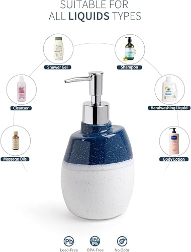 Miniatura 3 de Dispensador de jabón de cerámica  Loción recargable de 16 onzas o botella de jabón líquido con bomba, esmalte moteado azul y blanco, moderno