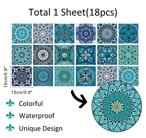 ANHUIB 18 Stück Bunt Fliesenaufkleber,Mosaik Küche Wandaufkleber,DIY Marokkanischer Fliesenfolie für Badezimmer,Wandfliese Aufkleber Fliesensticker,Wasserdicht Selbstklebende Treppenaufkleber,15×15CM