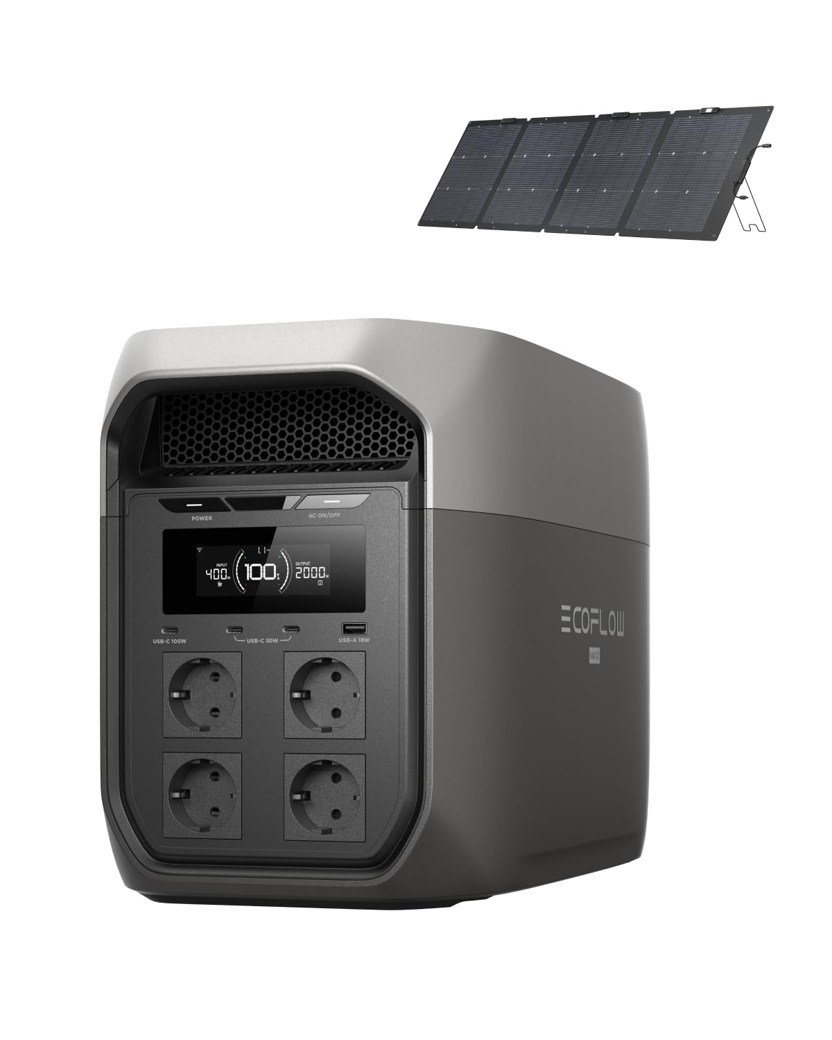 ECOFLOW Delta 3 Max Station d'alimentation portable 2048 Wh avec panneau solaire bifacal de 220 W, seuls quelques petits défauts dans l'emballage, le produit n'a pas été utilisé(Reconditionné)