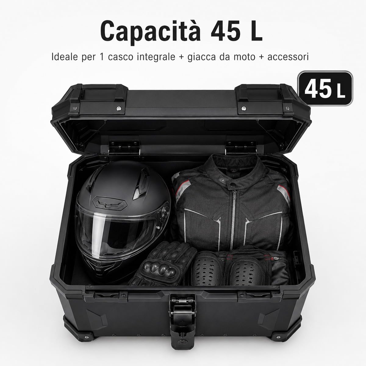 Bauletto Moto Alluminio 45 L per Casco integrale e Giacca da con Piastra di Montaggio Fodera interna e Schienale Valigia Posteriore Total Black per Scooter Moto Uso Quotidiano