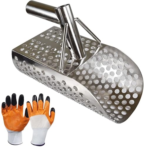 Cuchara de arena para detección de metal, acero inoxidable con agujeros de hexaedro de 0.394in para la caza del tesoro de la playa + guantes