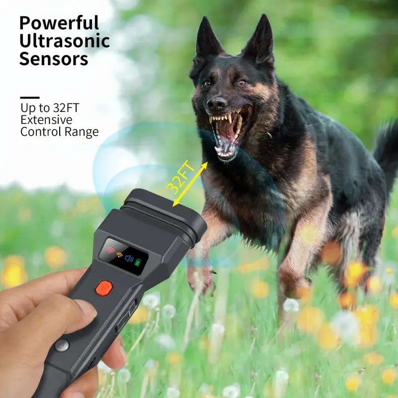 Power Dog - Repelente Ultrasónico para Perros, Dispositivo Portátil para Entrenamiento y Seguridad, 3 Transmisores Ultrasónicos con Linterna LED Super Brillante Recargable USB