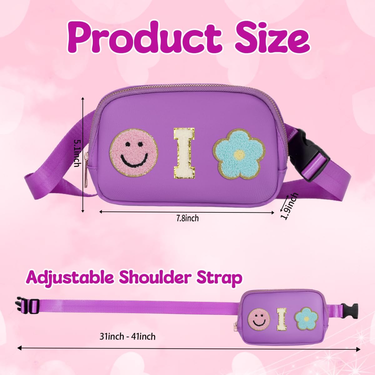 Fanny Pack for Girls Purple Kid Crossbody Bag Chenille I Letter Preppy Belt Bag, Christmas Birthday Easter Gifts for Teen Daughter Sister, Personalized Nylon Purse for 4 5 6 7 8 9 10 Year Old Girls - Image 2