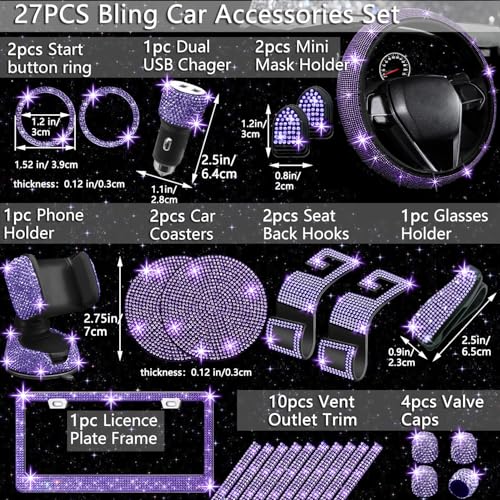 Image of NBTEPEM 27 PCs Purple Violet Bling Car Accessories Set for Women, Steering Wheel Covers Universal Fit 15 Inch, Bling License Plate Frame, Bling Phone Holder, Bling Car Coasters