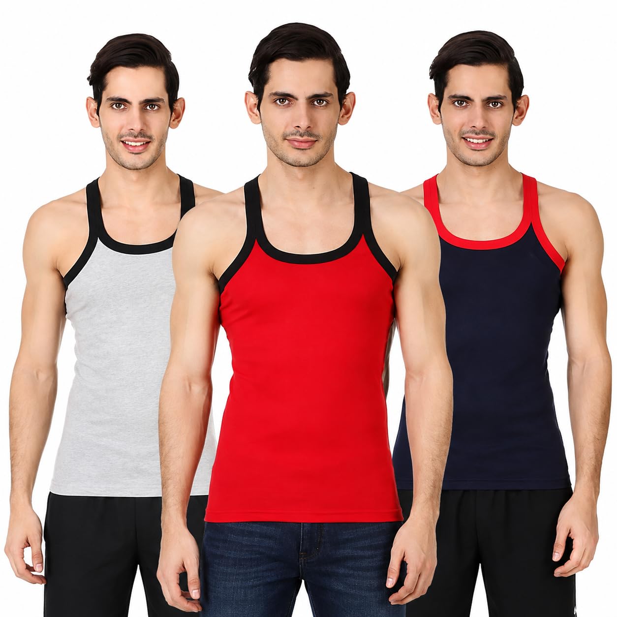 Men's Gym Vest Pack of 3, Multicolour Sleeveless Tank Top | Grey, Red & Navy, Contrast Trim, Workout Wear, Sleeveless Design, Casual & Active Use-image-27