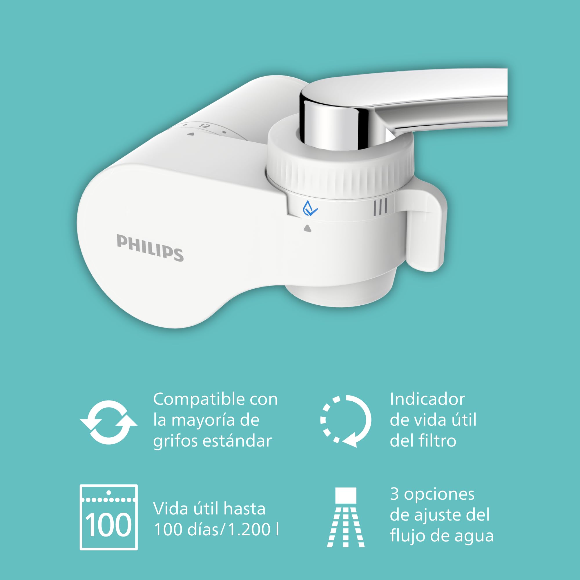 Filtro de Grifo Philips AWP3754/10 ULTRAFILTRACIÓN, reduce cloro, plomo, microplásticos, bacterias, capacidad de filtración de 1200 L, El embalaje puede variar