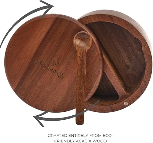 Miniatura 6 de Cuenco de sal y pimienta, caja de madera de acacia con tapa y cuchara integrada, dos compartimentos para especias de madera, plato de sal y pimienta