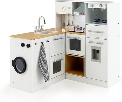 GLACER Wooden Kids Kitchen Playset, 2-Piece Pretend Play Kitchen with Realistic Lights and Sounds, Washing Machine, Water Dispenser, Range Hood, Coffee Maker, Stool, Toddler Kitchen Set for Boys Girls