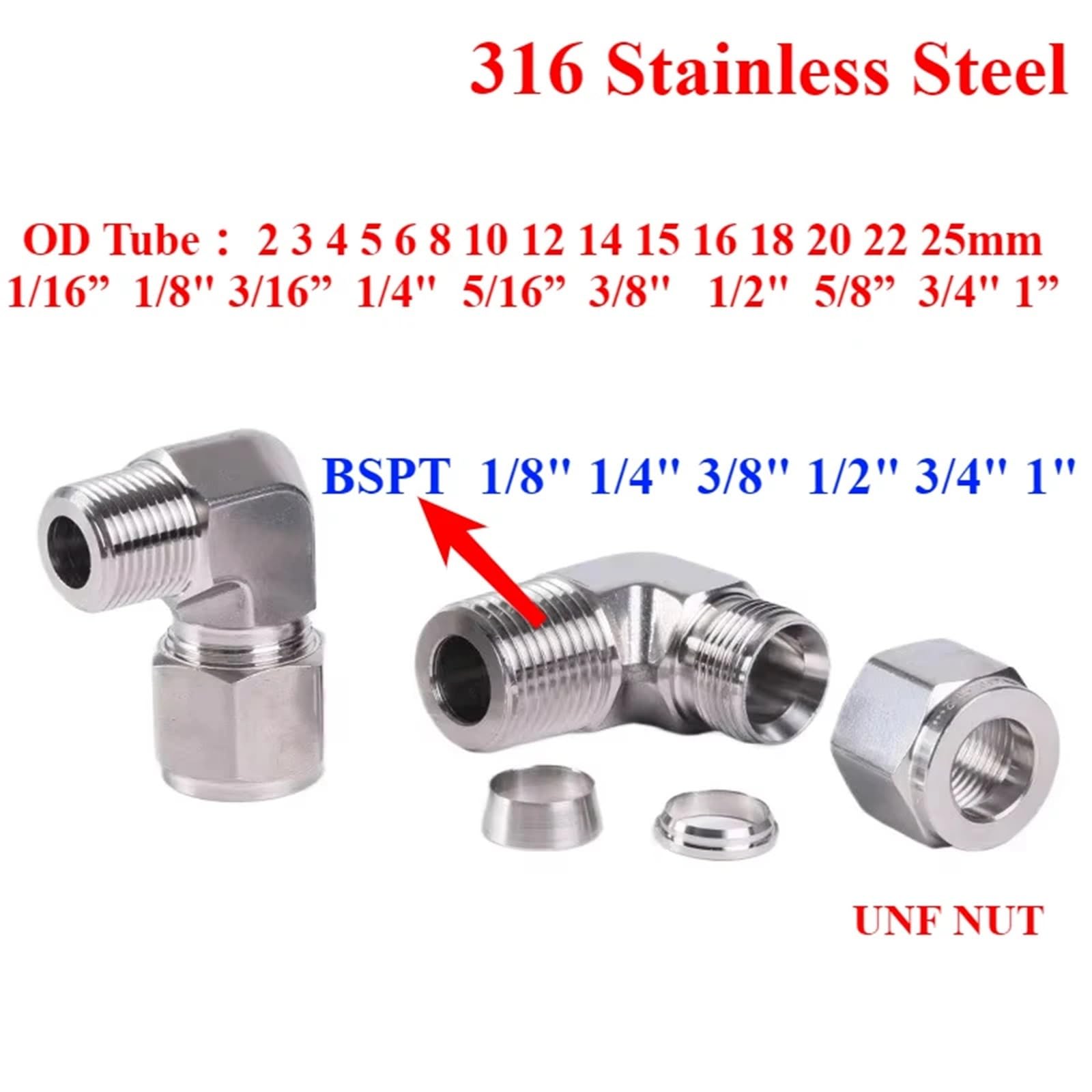 Winkelstück 1/4" BSPT männlich 2-25mm Rohr Kompression Union 316L Edelstahl Rohrverschraubung Anschluss UNF Mutter 1 Stücke(5mm)