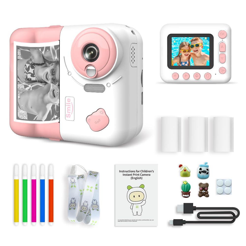Camnoon Kids Instant Print Camera 1080P Digital Camera for Kids 2.4 Inch IPS Screen 10X Zoom with Thermal Printing Paper Color Pens Neck Strap 32GB TF Card Birthday Festival Gift for Children