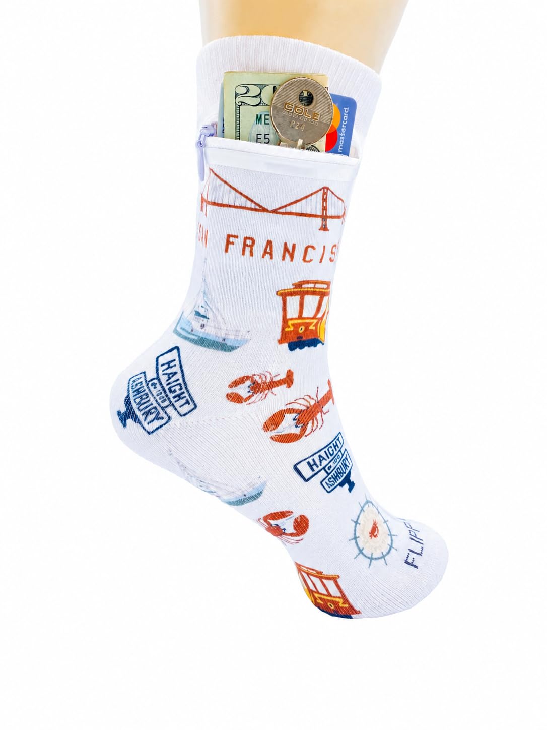 Zipper Sock Wallet - Cotton &amp; Polyester Zipper Socks with Pockets - Fits shoe size 6-13