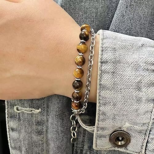 Pulsera para hombre con piedras de ojo de tigre y acero inoxidable miniatura 2