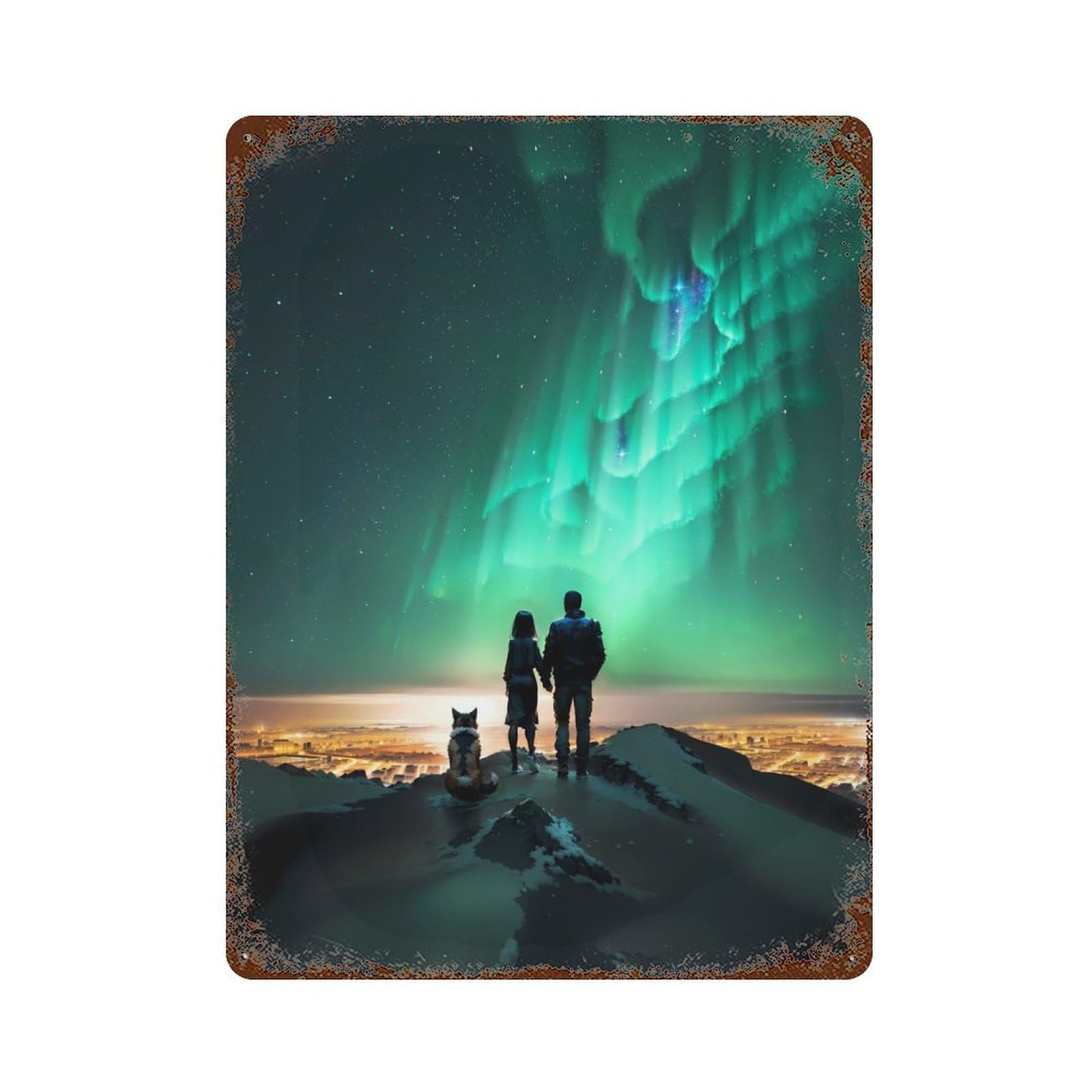 Garage Style Aurora Night City Couple Aged Metal Wall Plaque 15.7"x11.8", Farmhouse Wall Decor for Bar And Workshop