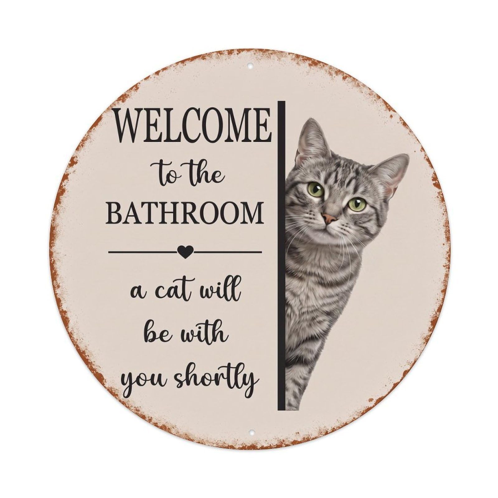 Vintage WELCOME To The BATHROOM Gray Tabby Cat Metal Tin Sign