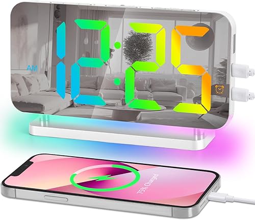 Poeroa Reloj despertador digital, reloj de escritorio LED de 7.4 pulgadas con luz nocturna RGB, puerto de carga USB C, atenuación automática, reloj