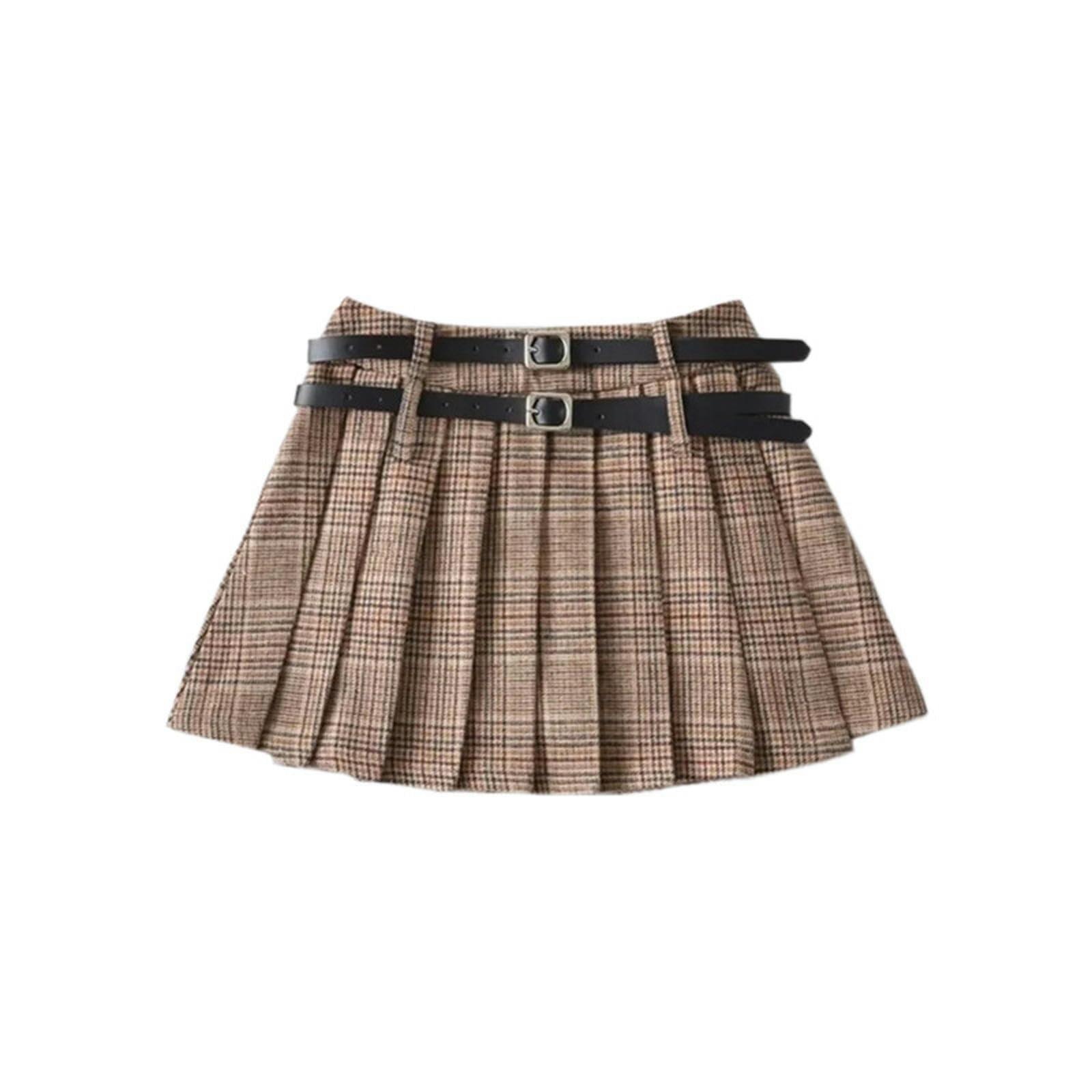 Falda a cuadros plisada de una línea con doble cinturón de moda para otoño invierno talla S