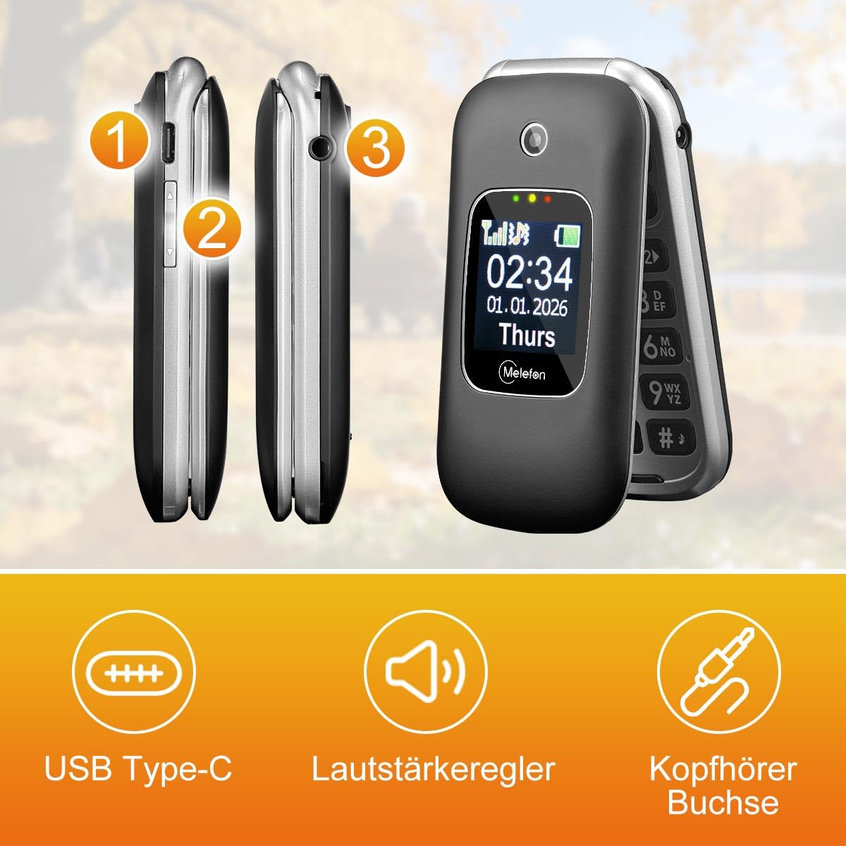 4G Seniorenhandy Klapphandy ohne Vertrag, Großtasten Handy für Senioren mit SOS Notruffunktion, Einfach zu bedienen, 2,4+1,44 Zoll Dual Display, Ladestation, FM Radio