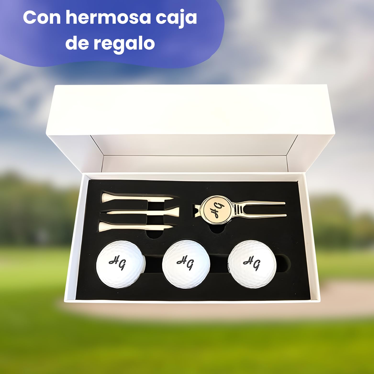Juego de pelotas de golf con iniciales personalizadas, 3 pelotas de golf Wilson y 3 tees en caja de regalo, color blanco