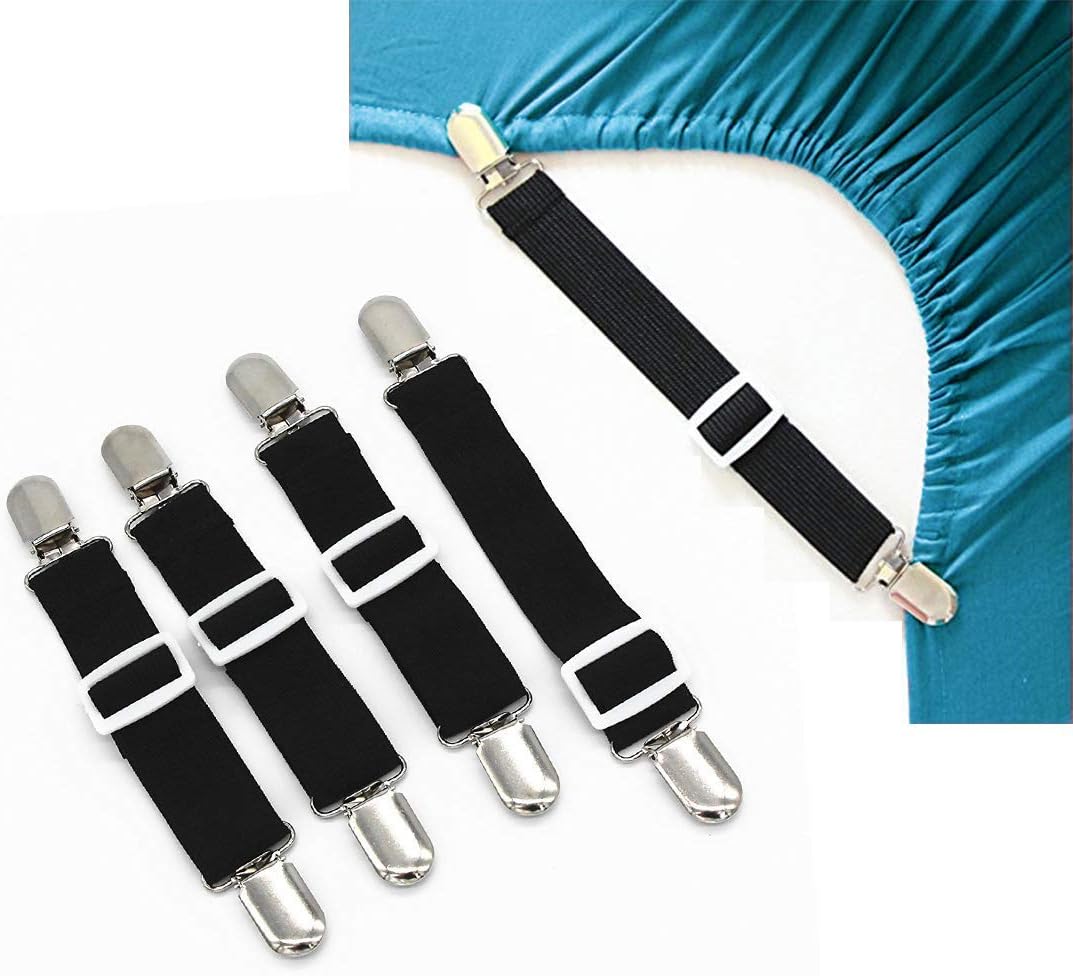 Bed Sheet Clips, Fitted Sheet Straps, Black（4 packs）