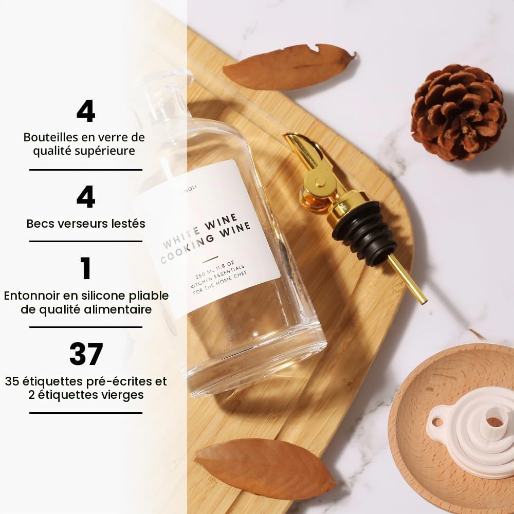 Molimoli Bouteille Distributrice d'Huile d'Olive pour Cuisine, Verseur Automatique, Bouteille en Verre pour Cuisine, Cruche à Huile d'Olive, | Ensemble de 4