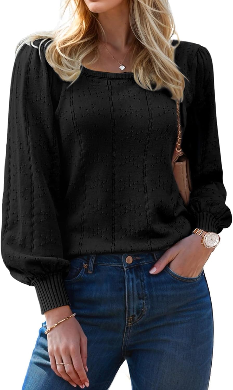 XINWEZZ Womens Sweaters Fall 2026 Casual Puff Long Sleeve Square Neck Cozy Knitted Pullover Sweater Tops Trendy Outfits