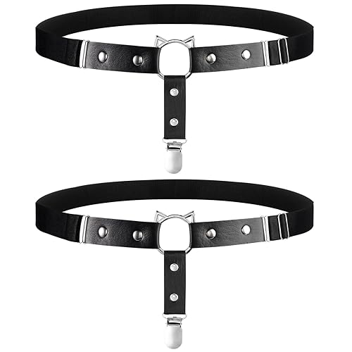 Moon Wood Plus Size Thigh Garter Belt, Adjustable High Elastic Garter Belt, Punk rivet garter - Punk Rivet Garter 1 Leather 1 Clips - Cat
