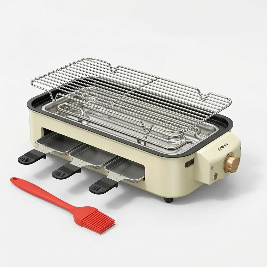 Electric Grill – 40cm Large Non-Stick Indoor/Outdoor BBQ Grill with Removable Trays, Fast Heating, Multi-Functional Cooking Station for Compact Living, Family Gatherings, and Holiday Parties