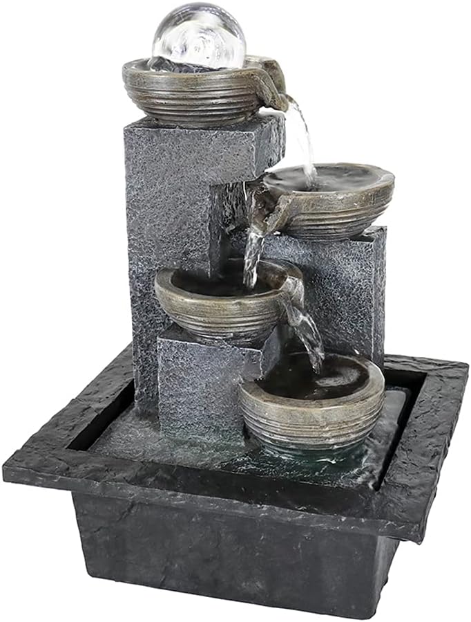 Xpiyaer Indoor Cascading Tabletop Water Fountain with LED Light and Crystal Ball - 11.8-inch High 4-Tier Zen Waterfall Fountain for Home Office and End Table Decoration (11.8" high, Grey) : Home & Kitchen