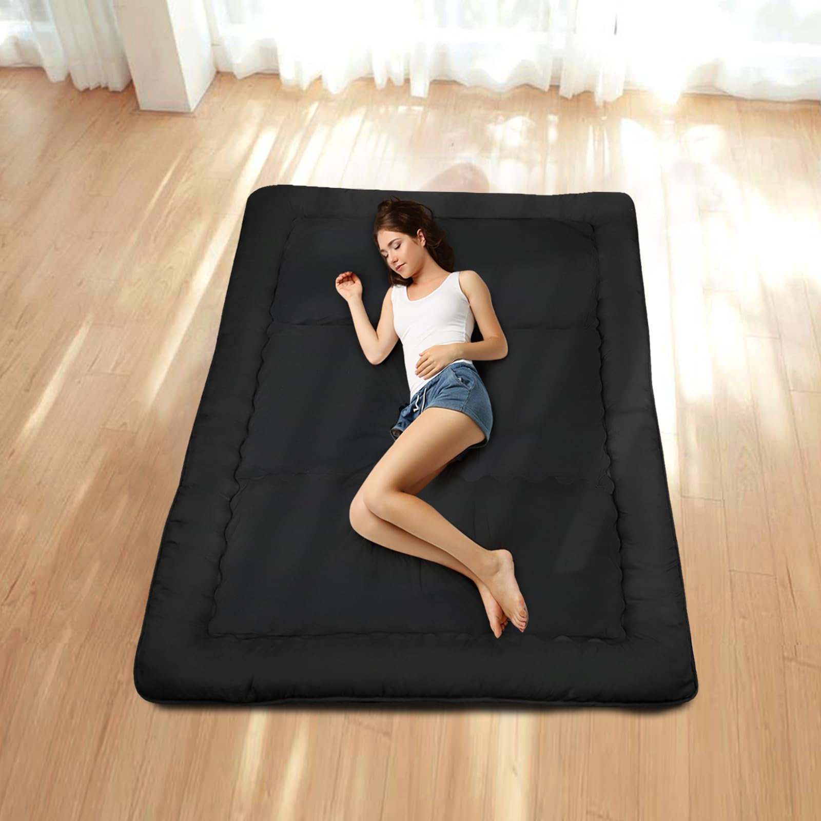 Gaoxianglin Japanese Futon Floor Mattress Full Size 54x80in 4" Thicken Mat Foldable Roll Up Sleeping Pad 100% Pearl Cotton Filling Tatami Mattress Boys Girls Dormitory Mattress Pad Kids Floor-Black