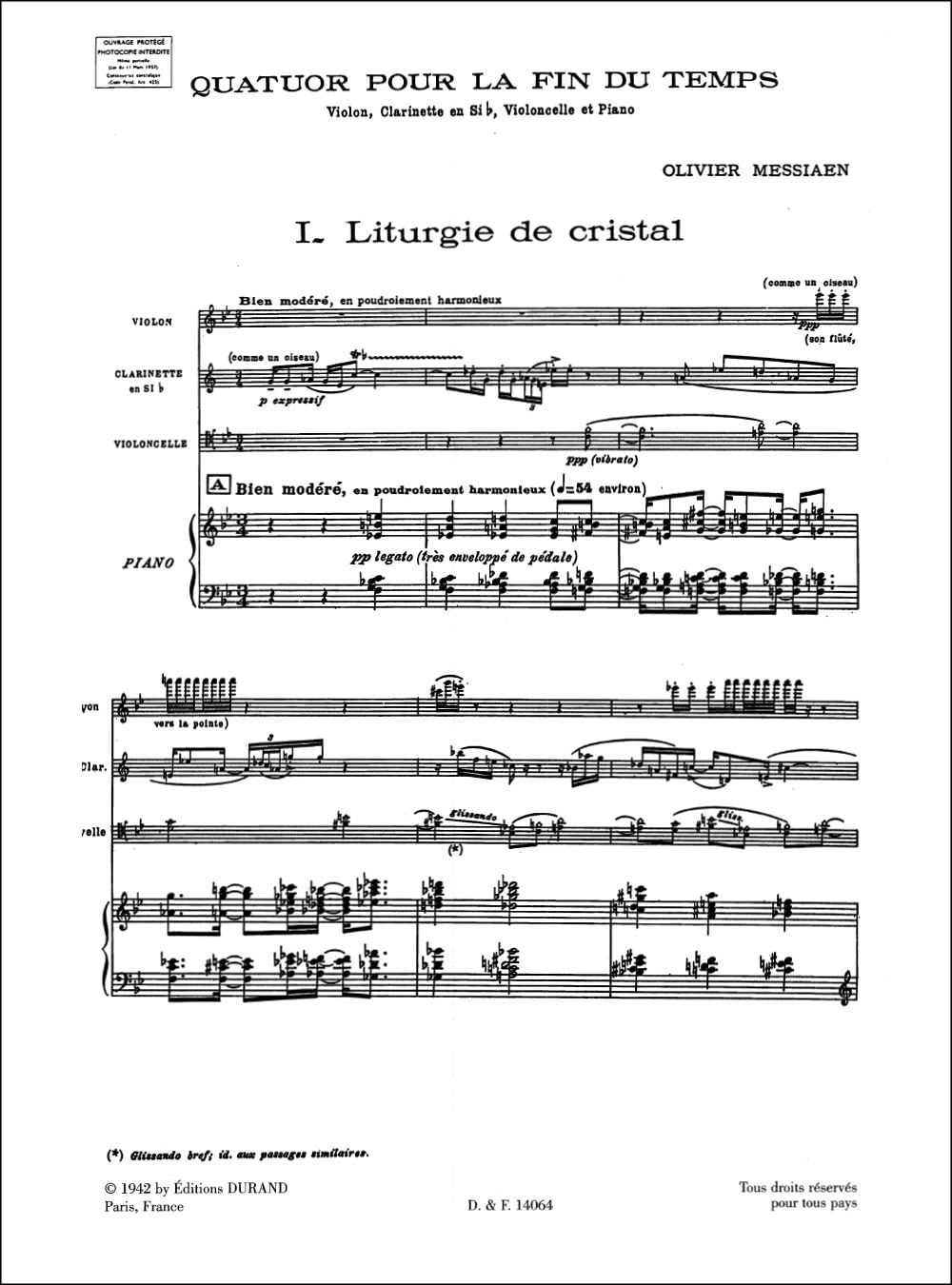 QUATUOR POUR LA FIN DU TEMPS - CLARINETTE, VIOLON, VIOLONCELLE ET PIANO (PARTITION D'ETUDE)