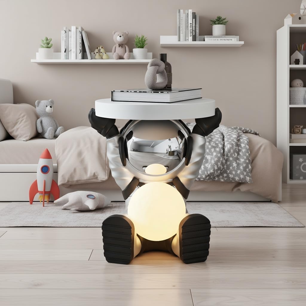 Astronaut Circular Side Table, Sofa Side Table, Astronaut Sculpture, Children's Bedside Table, Equipped with Moon Light, Suitable for Living Room, Bedroom, Gift Giving