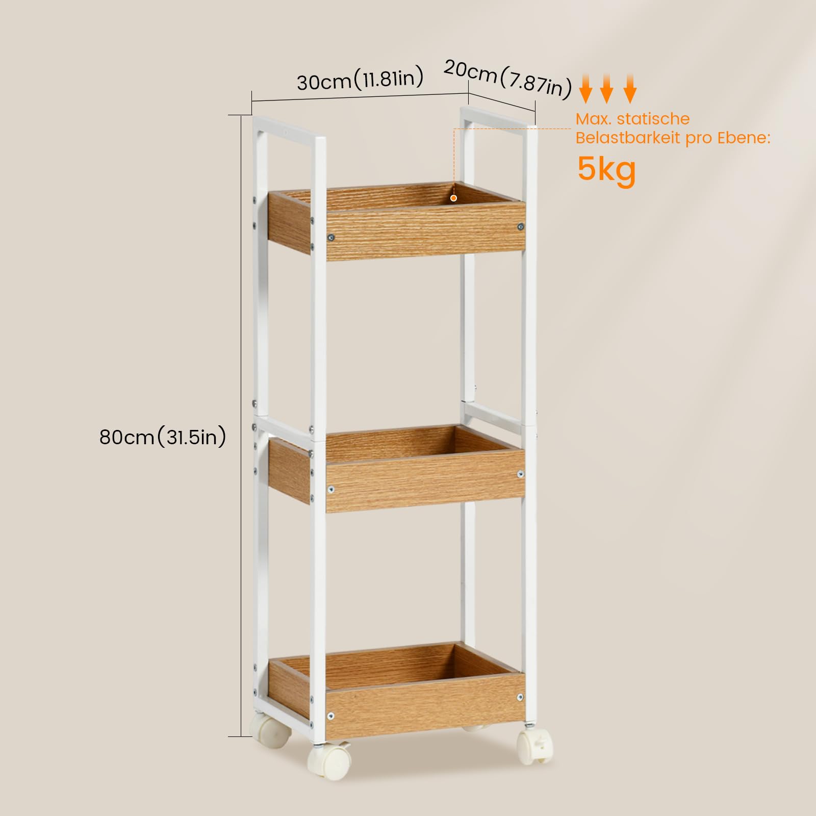 EGGREE Carrello Portaoggetti a 3 Livelli, Carrello Salvaspazio, Mensole Strette per il Bagno, Carrello da Cucina con Rotelle, Carrello bagno, 30 x 20 x 80 cm, Bianco