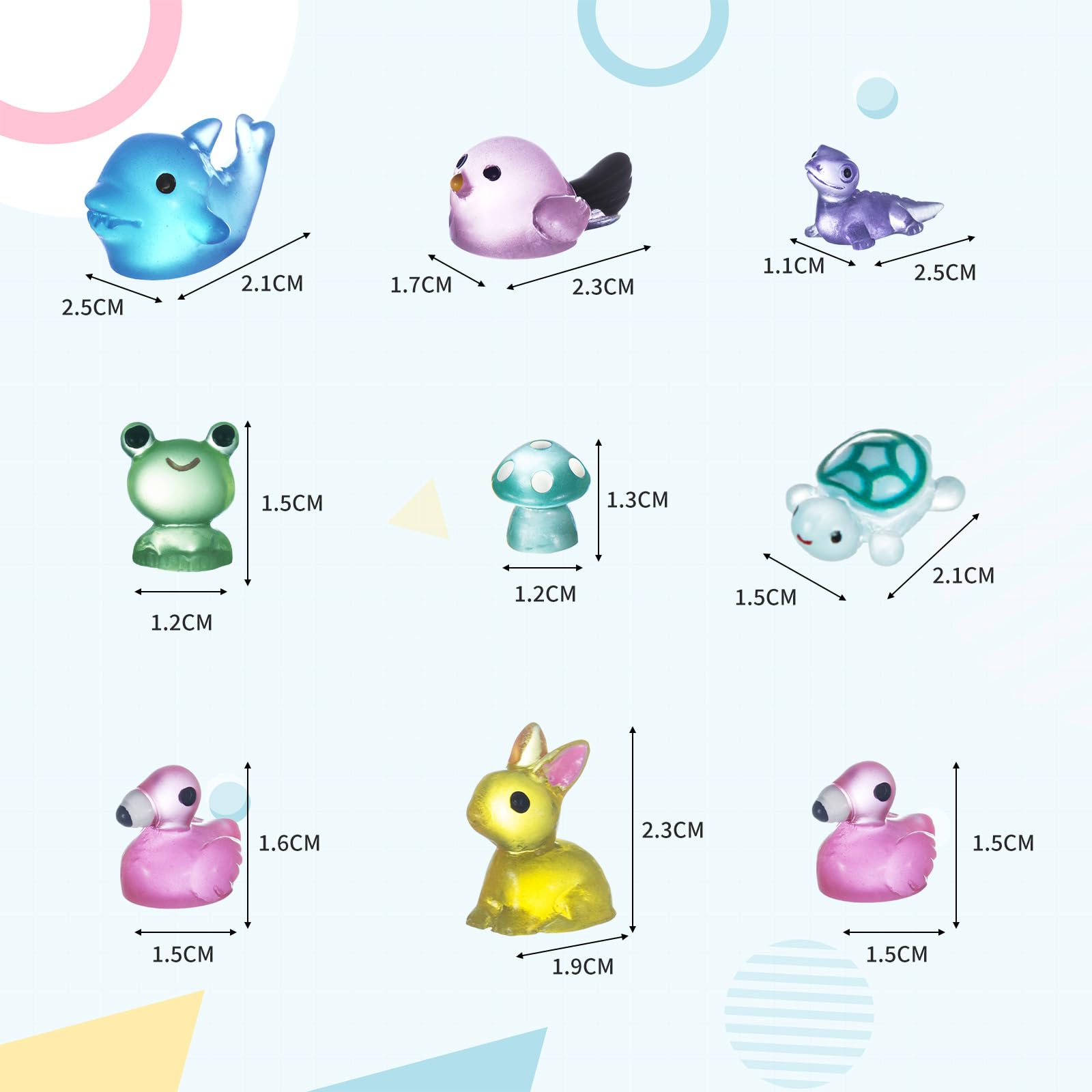 200PCS Luminous Mini Resin Ducks Tiny Frog Flamingo Glow in The Dark Animals Mushroom Rabbit Dolphin Dollhouse Landscape Garden Micro Décor Aquarium Potted Figurine Turtle Lizard DIY Hide Seek Prank