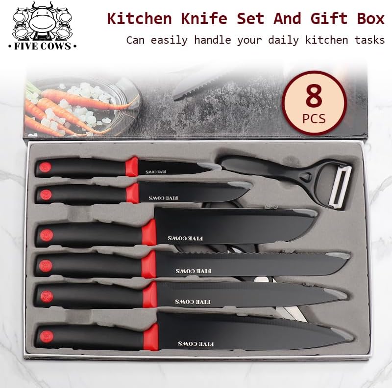 Miniatura 9 de Juego de cuchillos de chef de 8 piezas, acero inoxidable alemán de alto carbono ultra afilado, afilado y duradero, mango antideslizante ligero,