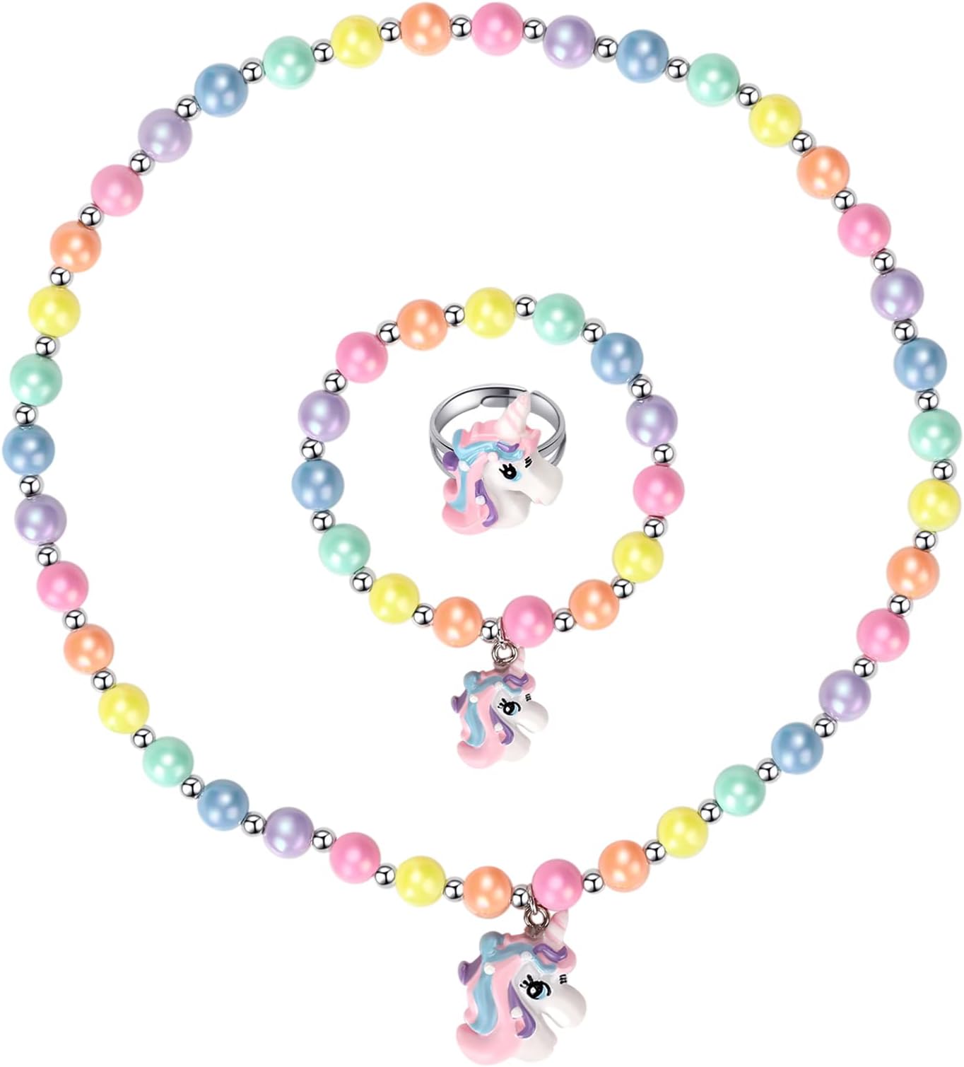 Kids Unicorn Necklace and Bracelet Set, Colorful Jewellery Set for Little Girls, Chirden Ring Great Costume Jewelry and Gift Choice for Children